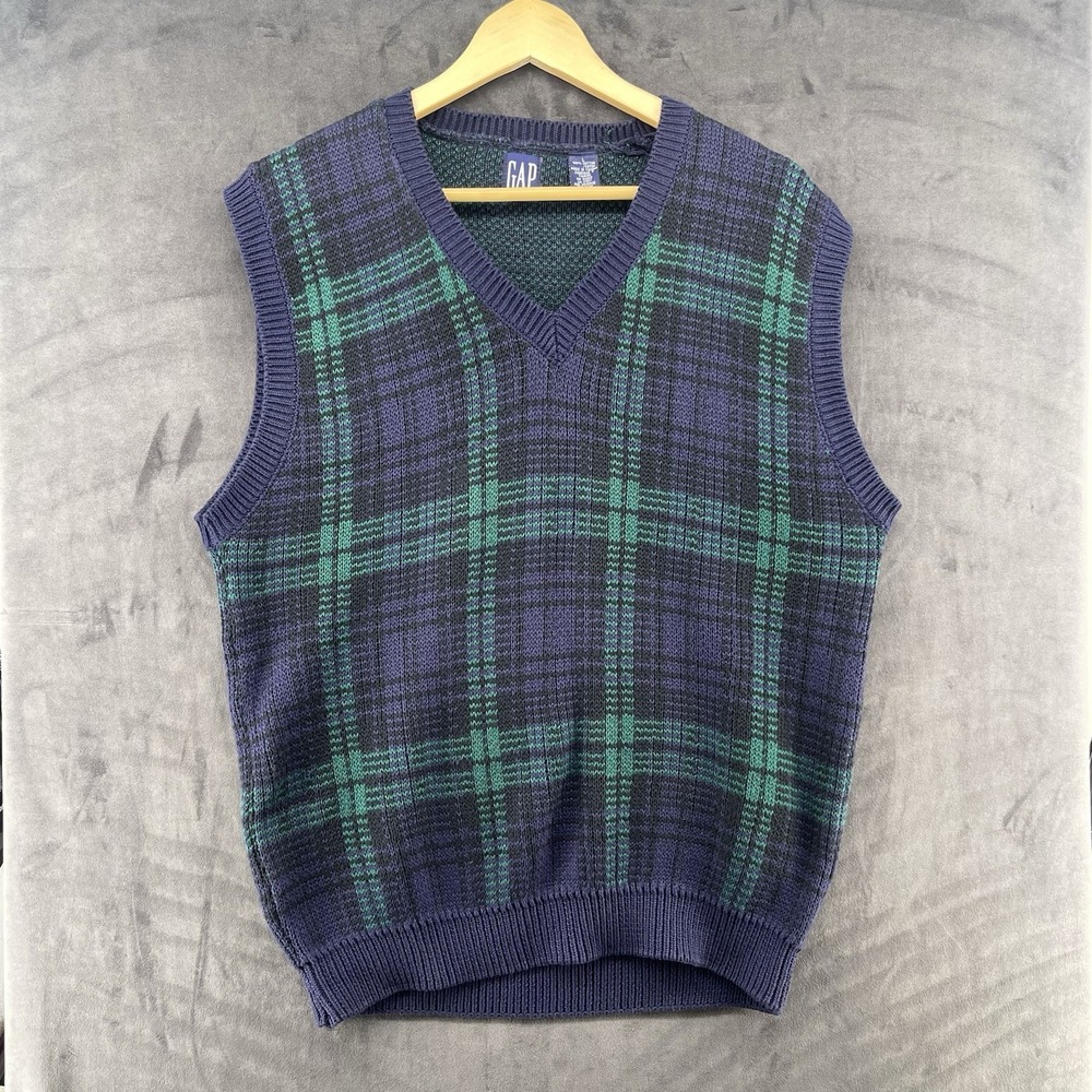 Y2K Vintage GAP Plaid Knit Sweater Vest Navy Green L 100% Cotton